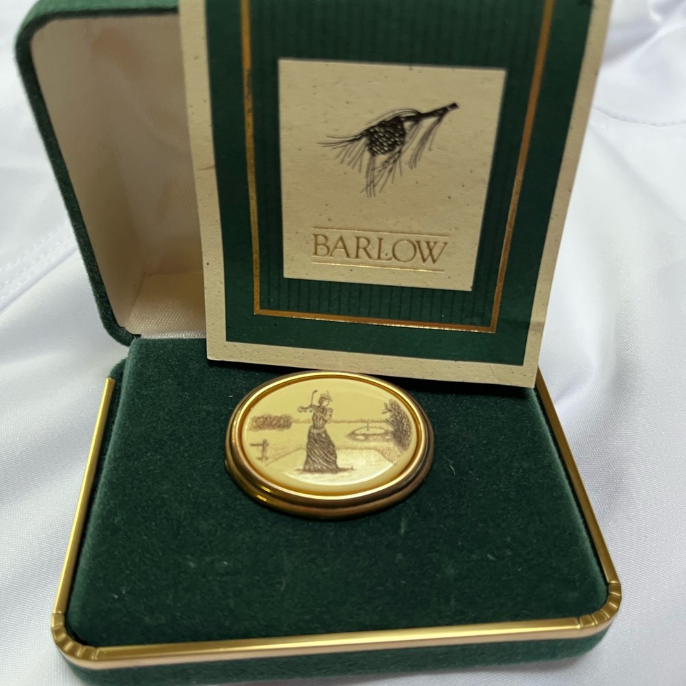 Vintage Gold and Cream Brooch with Lady Golfer Design By Barlow